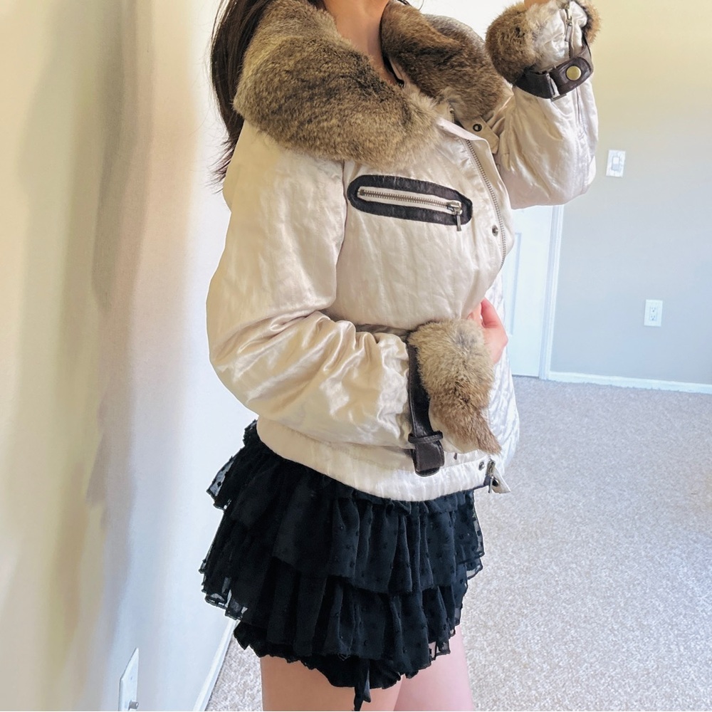 🛑LAST CHANCE🛑 Y2K Cache Rabbit Fur Leather Trim Cinched Waist Jacket Cream